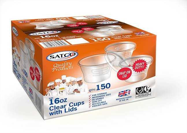 Satco 16 oz Round Plastic Pots & Lids 'M16' (a pack of 150 sets)